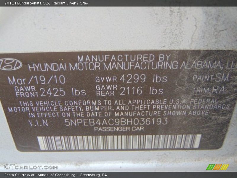 Radiant Silver / Gray 2011 Hyundai Sonata GLS