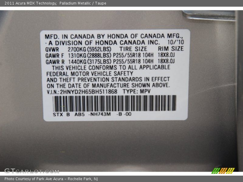 Palladium Metallic / Taupe 2011 Acura MDX Technology