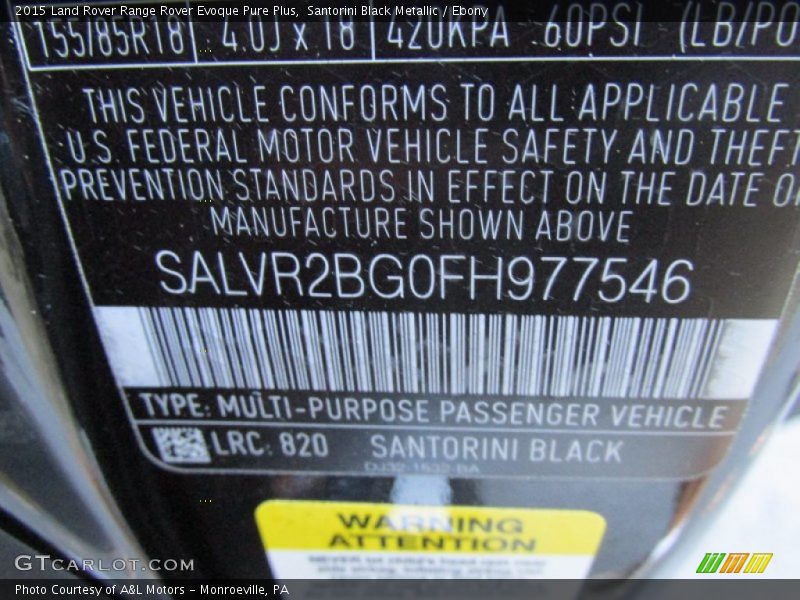 2015 Range Rover Evoque Pure Plus Santorini Black Metallic Color Code 820