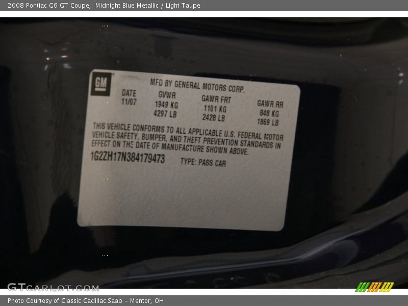 Midnight Blue Metallic / Light Taupe 2008 Pontiac G6 GT Coupe