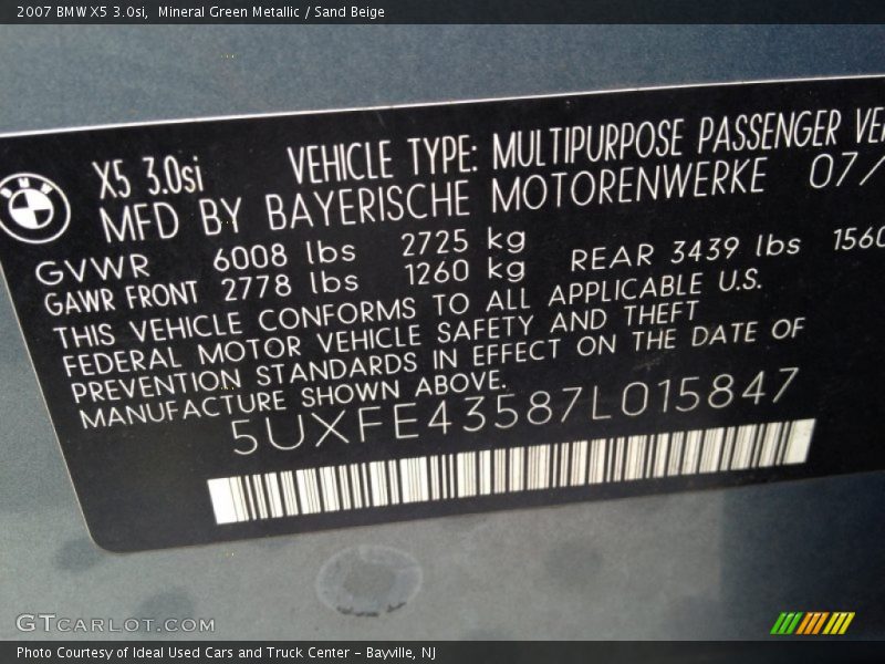 Mineral Green Metallic / Sand Beige 2007 BMW X5 3.0si