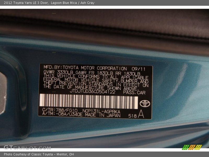 Lagoon Blue Mica / Ash Gray 2012 Toyota Yaris LE 3 Door