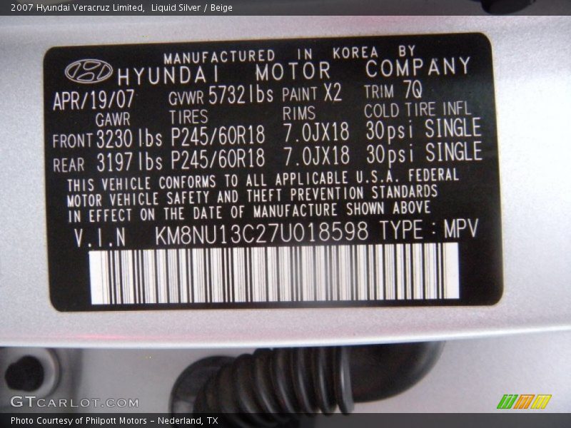 Liquid Silver / Beige 2007 Hyundai Veracruz Limited