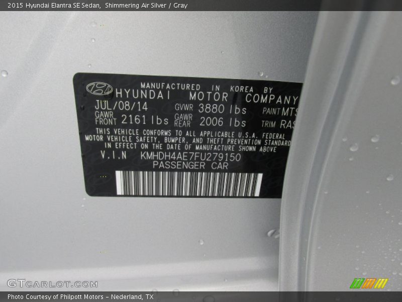 Shimmering Air Silver / Gray 2015 Hyundai Elantra SE Sedan