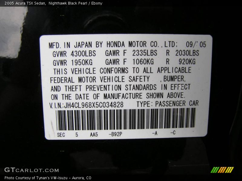 Nighthawk Black Pearl / Ebony 2005 Acura TSX Sedan