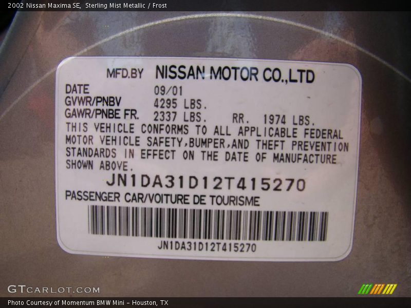 Sterling Mist Metallic / Frost 2002 Nissan Maxima SE