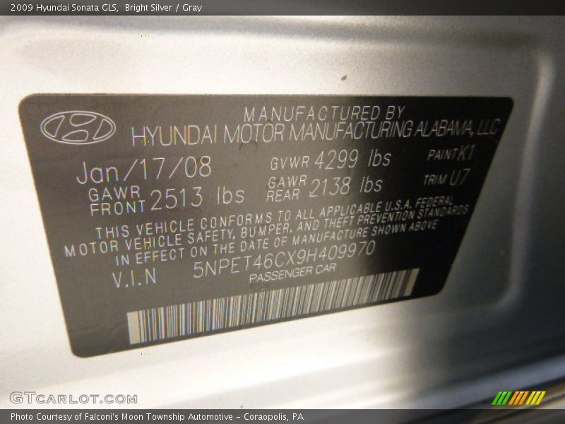 Bright Silver / Gray 2009 Hyundai Sonata GLS