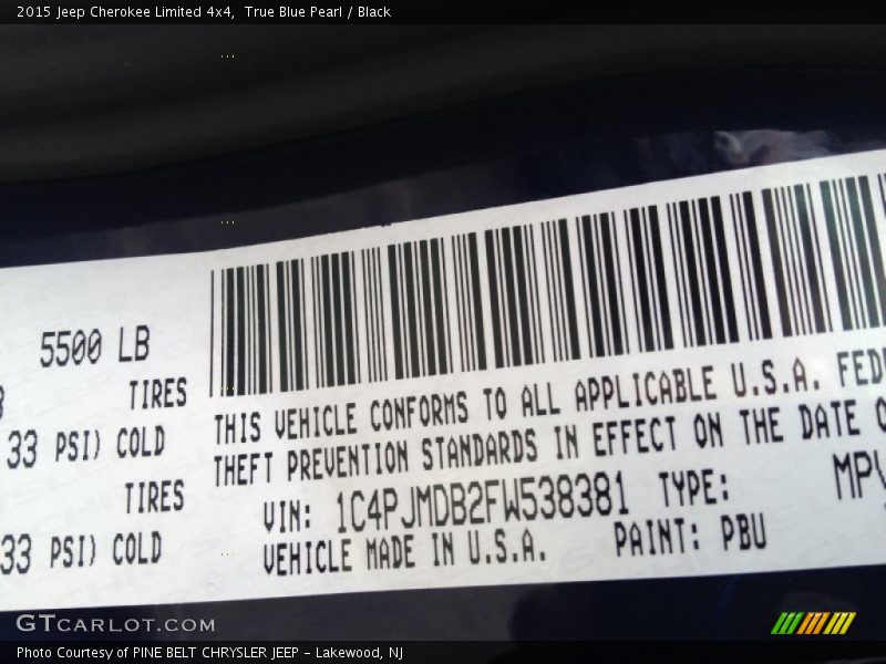 2015 Cherokee Limited 4x4 True Blue Pearl Color Code PBU