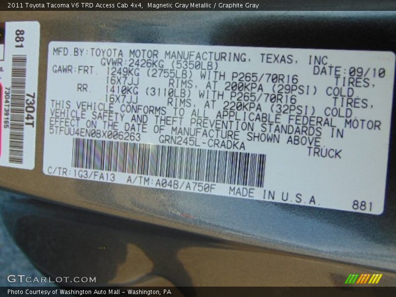 Magnetic Gray Metallic / Graphite Gray 2011 Toyota Tacoma V6 TRD Access Cab 4x4