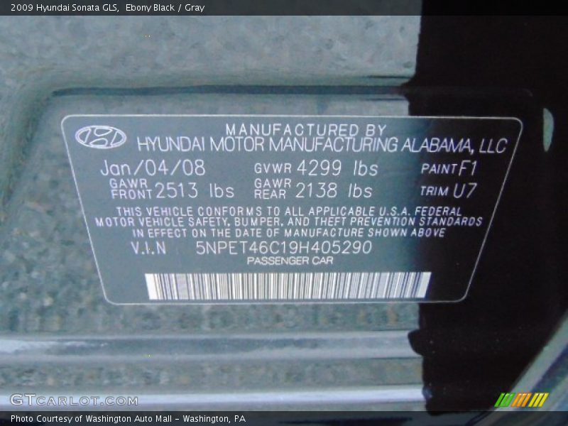 Ebony Black / Gray 2009 Hyundai Sonata GLS