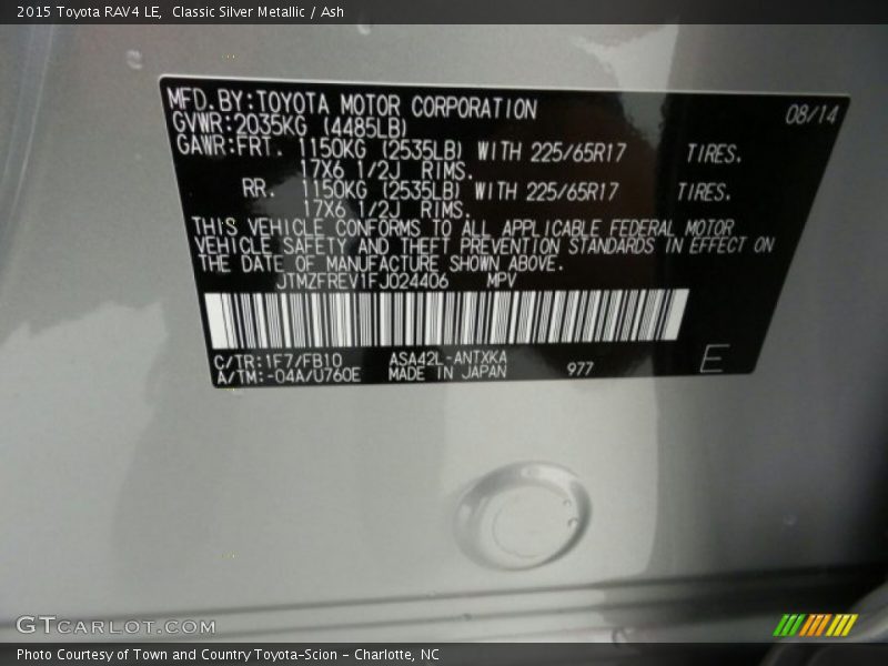 Classic Silver Metallic / Ash 2015 Toyota RAV4 LE