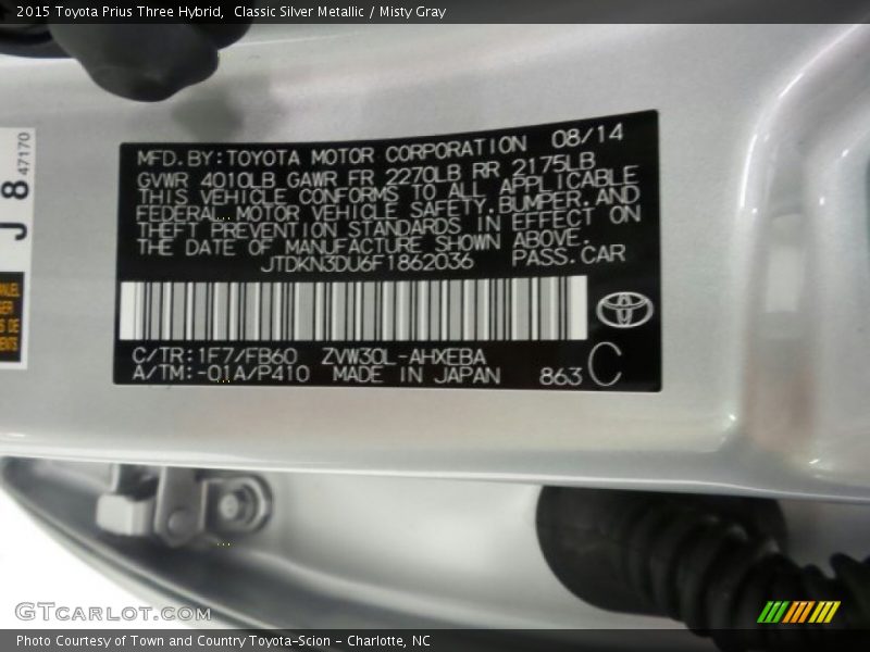 2015 Prius Three Hybrid Classic Silver Metallic Color Code 1F7