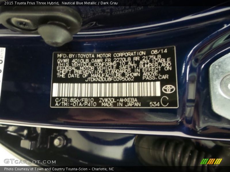 Nautical Blue Metallic / Dark Gray 2015 Toyota Prius Three Hybrid