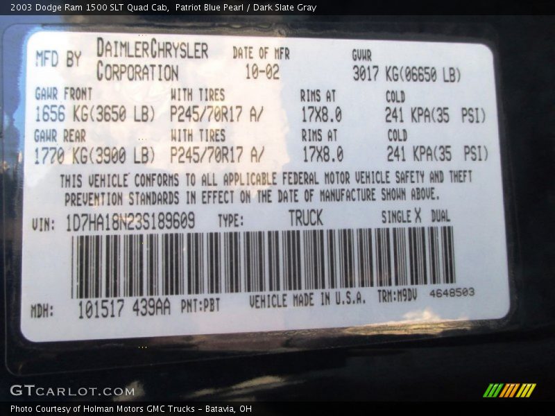 Patriot Blue Pearl / Dark Slate Gray 2003 Dodge Ram 1500 SLT Quad Cab