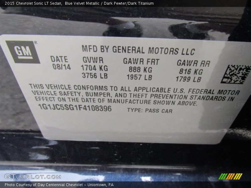 Blue Velvet Metallic / Dark Pewter/Dark Titanium 2015 Chevrolet Sonic LT Sedan