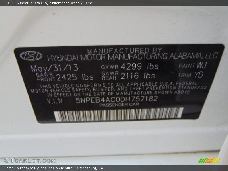 Shimmering White / Camel 2013 Hyundai Sonata GLS