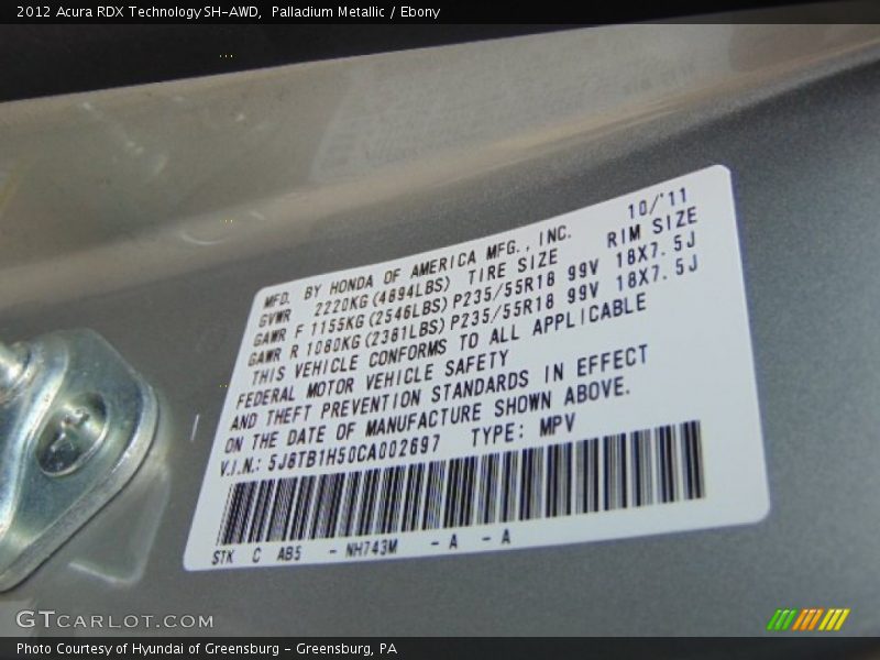 Palladium Metallic / Ebony 2012 Acura RDX Technology SH-AWD