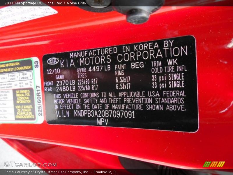 Signal Red / Alpine Gray 2011 Kia Sportage LX