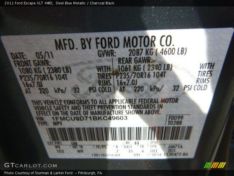 Steel Blue Metallic / Charcoal Black 2011 Ford Escape XLT 4WD