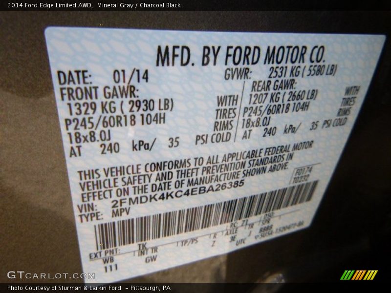 Mineral Gray / Charcoal Black 2014 Ford Edge Limited AWD