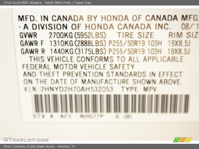 Aspen White Pearl / Taupe Gray 2010 Acura MDX Advance
