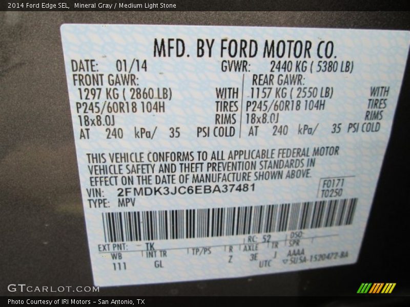 Mineral Gray / Medium Light Stone 2014 Ford Edge SEL