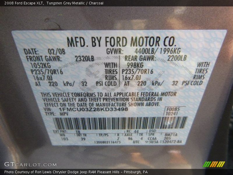 Tungsten Grey Metallic / Charcoal 2008 Ford Escape XLT