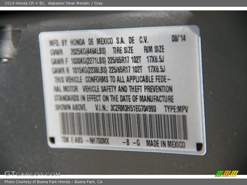 Alabaster Silver Metallic / Gray 2014 Honda CR-V EX
