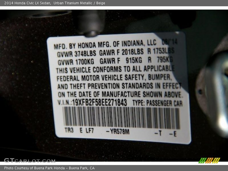 Urban Titanium Metallic / Beige 2014 Honda Civic LX Sedan