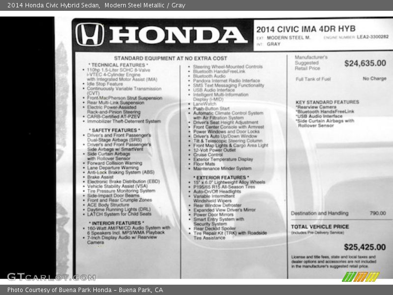  2014 Civic Hybrid Sedan Window Sticker