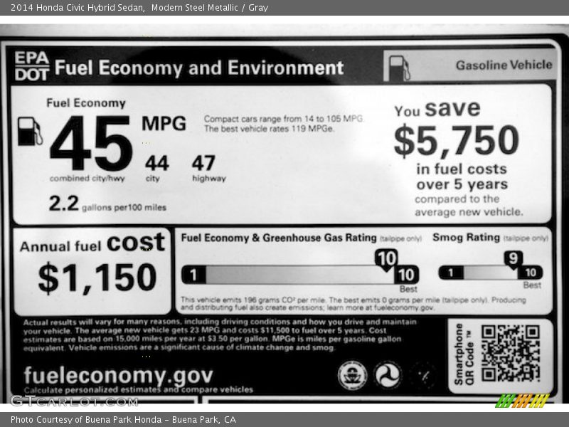 Modern Steel Metallic / Gray 2014 Honda Civic Hybrid Sedan