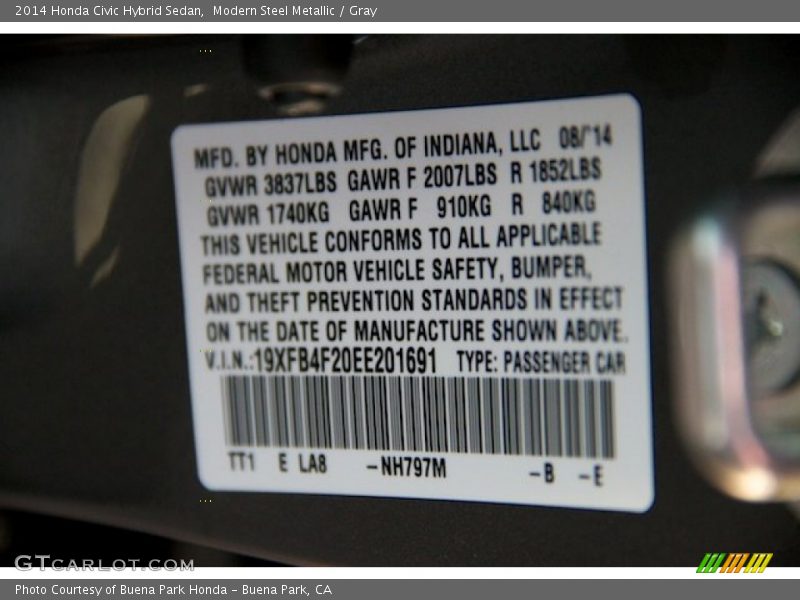 2014 Civic Hybrid Sedan Modern Steel Metallic Color Code NH797M