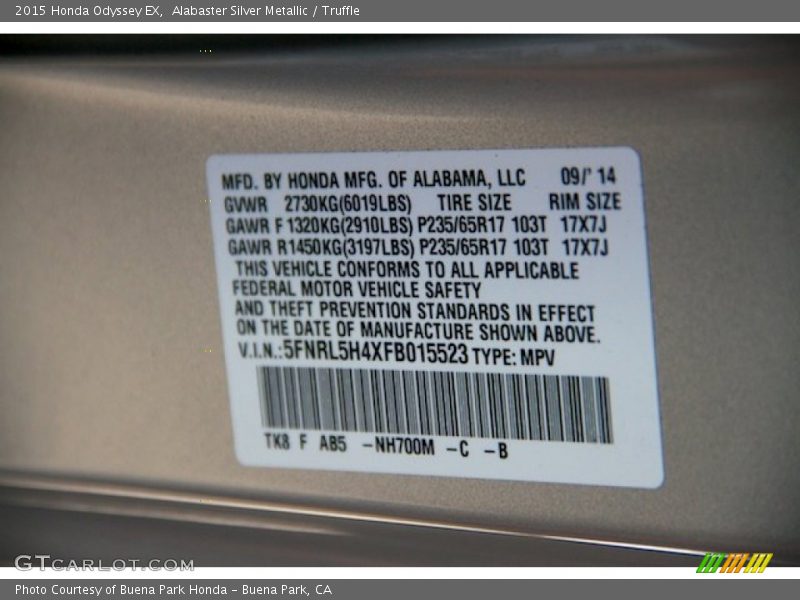 Alabaster Silver Metallic / Truffle 2015 Honda Odyssey EX