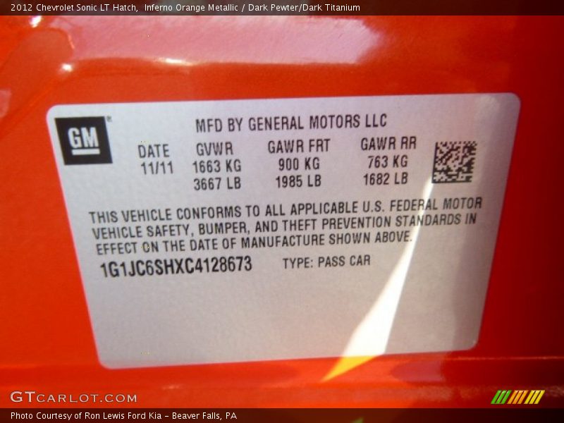 Inferno Orange Metallic / Dark Pewter/Dark Titanium 2012 Chevrolet Sonic LT Hatch