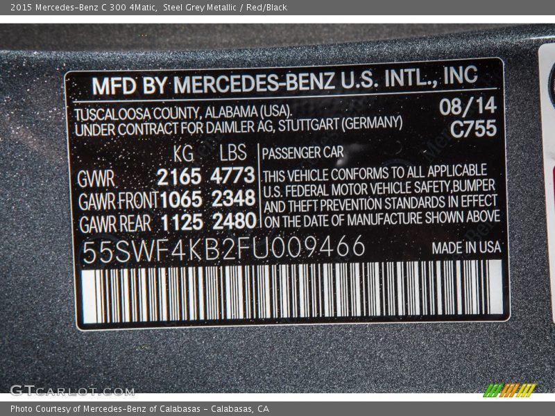 Steel Grey Metallic / Red/Black 2015 Mercedes-Benz C 300 4Matic