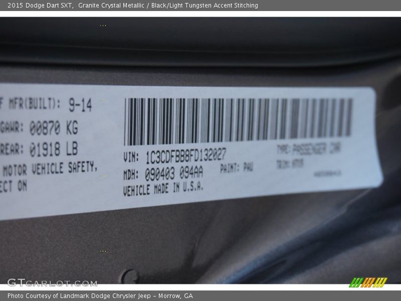Granite Crystal Metallic / Black/Light Tungsten Accent Stitching 2015 Dodge Dart SXT