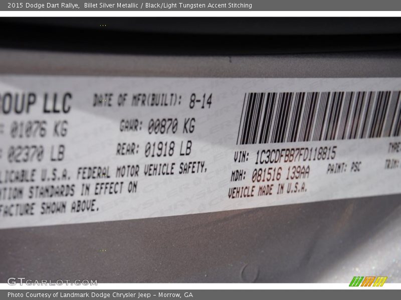 Billet Silver Metallic / Black/Light Tungsten Accent Stitching 2015 Dodge Dart Rallye