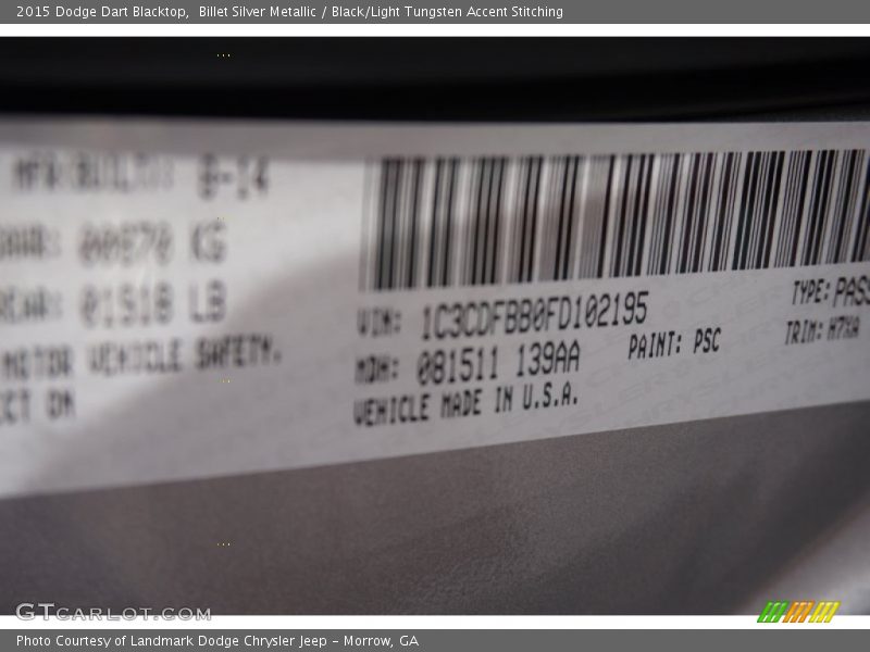 2015 Dart Blacktop Billet Silver Metallic Color Code PSC