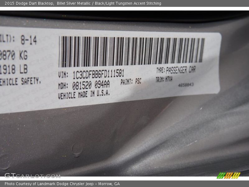 Billet Silver Metallic / Black/Light Tungsten Accent Stitching 2015 Dodge Dart Blacktop