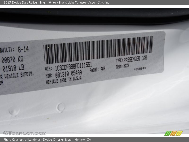 Bright White / Black/Light Tungsten Accent Stitching 2015 Dodge Dart Rallye