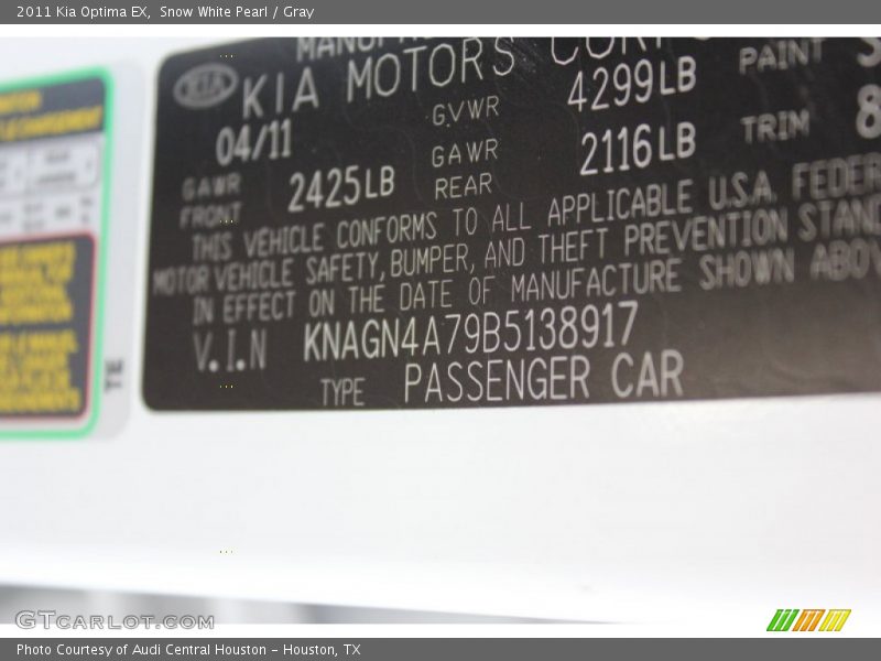 Snow White Pearl / Gray 2011 Kia Optima EX