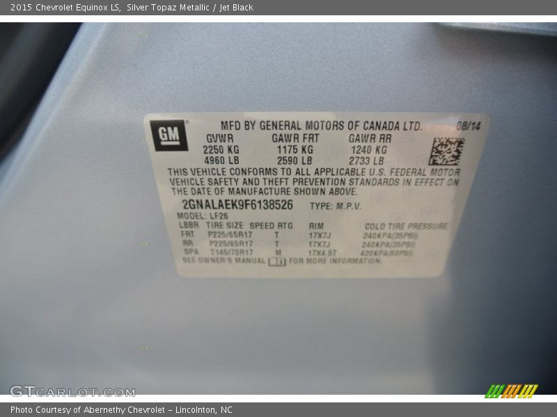 Silver Topaz Metallic / Jet Black 2015 Chevrolet Equinox LS