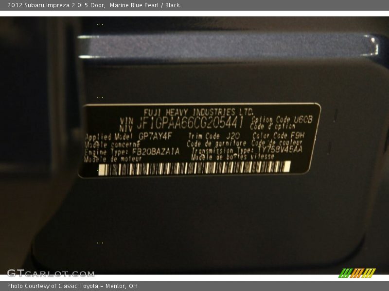 Marine Blue Pearl / Black 2012 Subaru Impreza 2.0i 5 Door