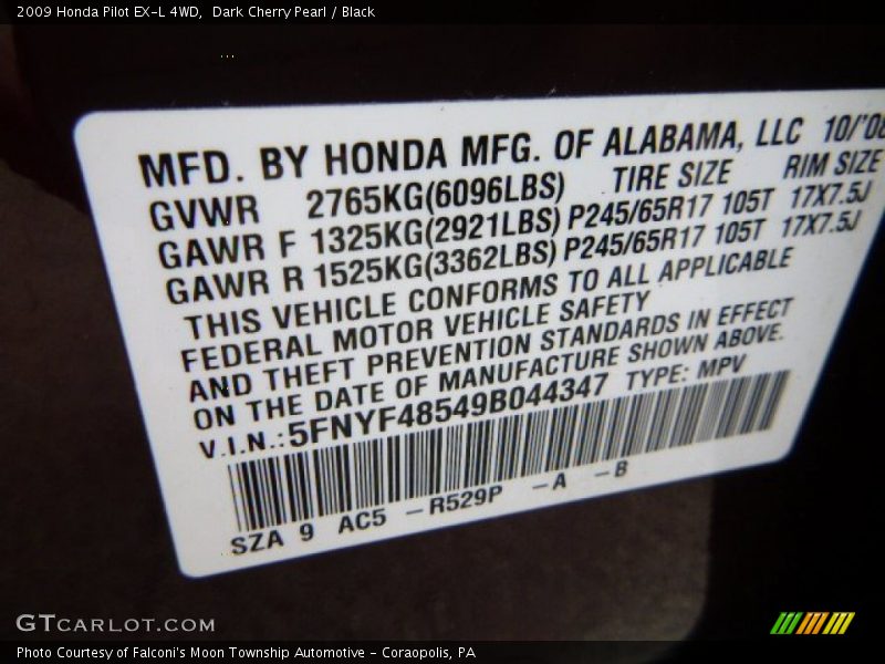 Dark Cherry Pearl / Black 2009 Honda Pilot EX-L 4WD