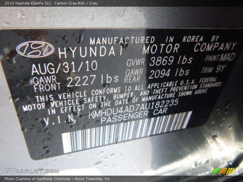 Carbon Gray Mist / Gray 2010 Hyundai Elantra GLS