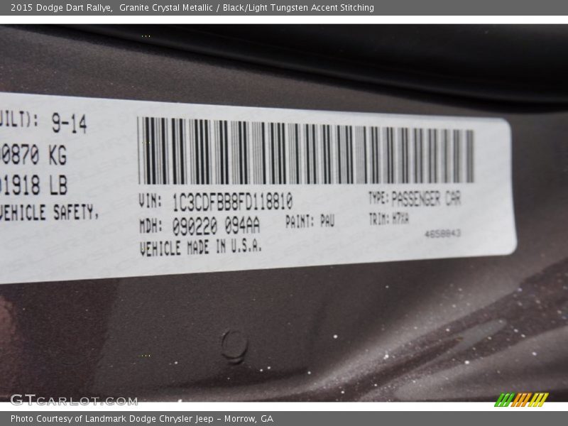 Granite Crystal Metallic / Black/Light Tungsten Accent Stitching 2015 Dodge Dart Rallye
