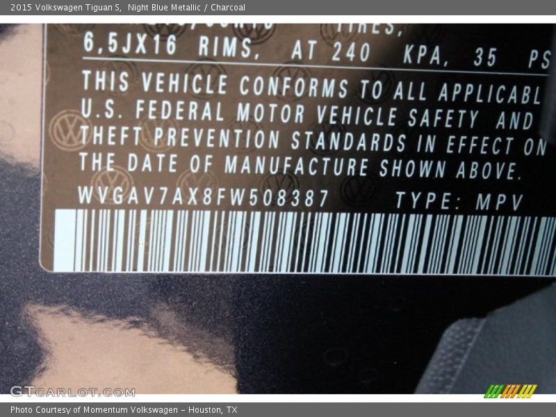 Night Blue Metallic / Charcoal 2015 Volkswagen Tiguan S