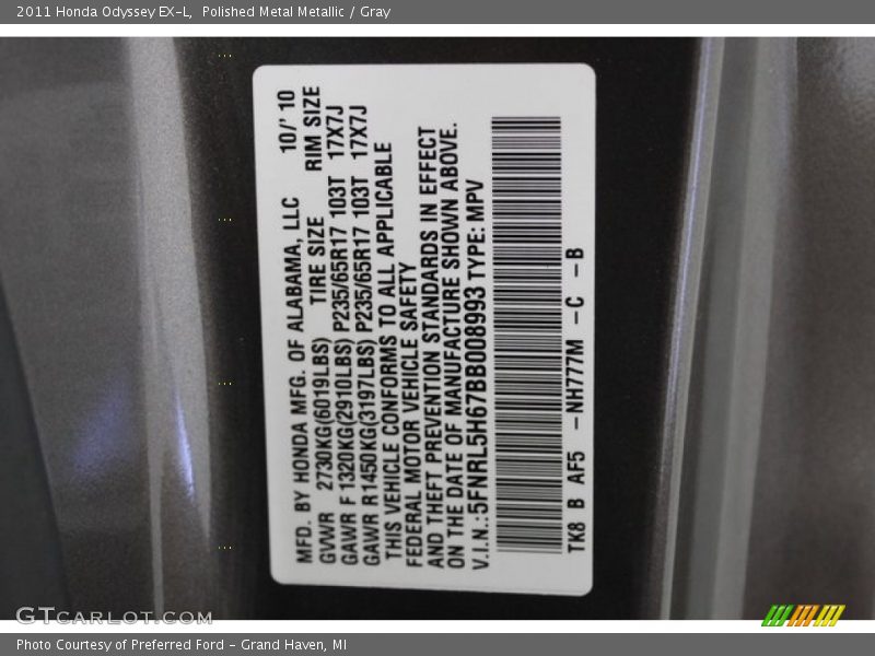 Polished Metal Metallic / Gray 2011 Honda Odyssey EX-L
