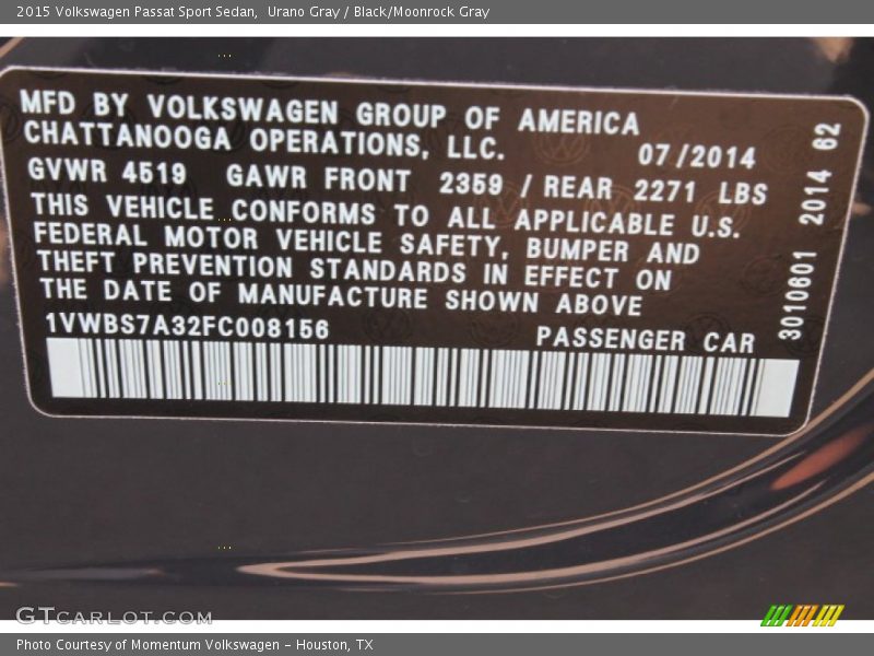 Urano Gray / Black/Moonrock Gray 2015 Volkswagen Passat Sport Sedan