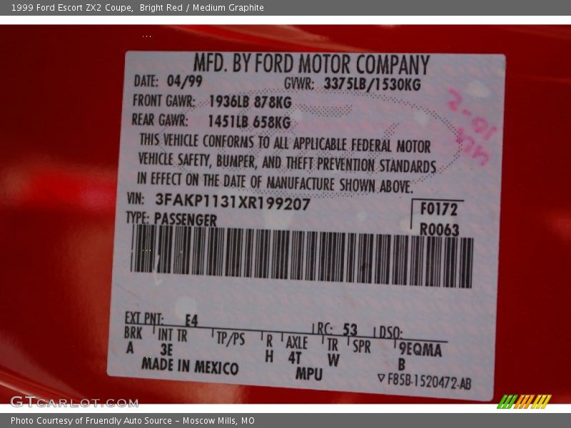 Bright Red / Medium Graphite 1999 Ford Escort ZX2 Coupe